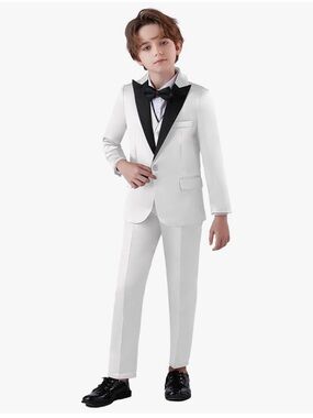 Boys White Tuxedo Suit with Black Lapel and Bow Tie